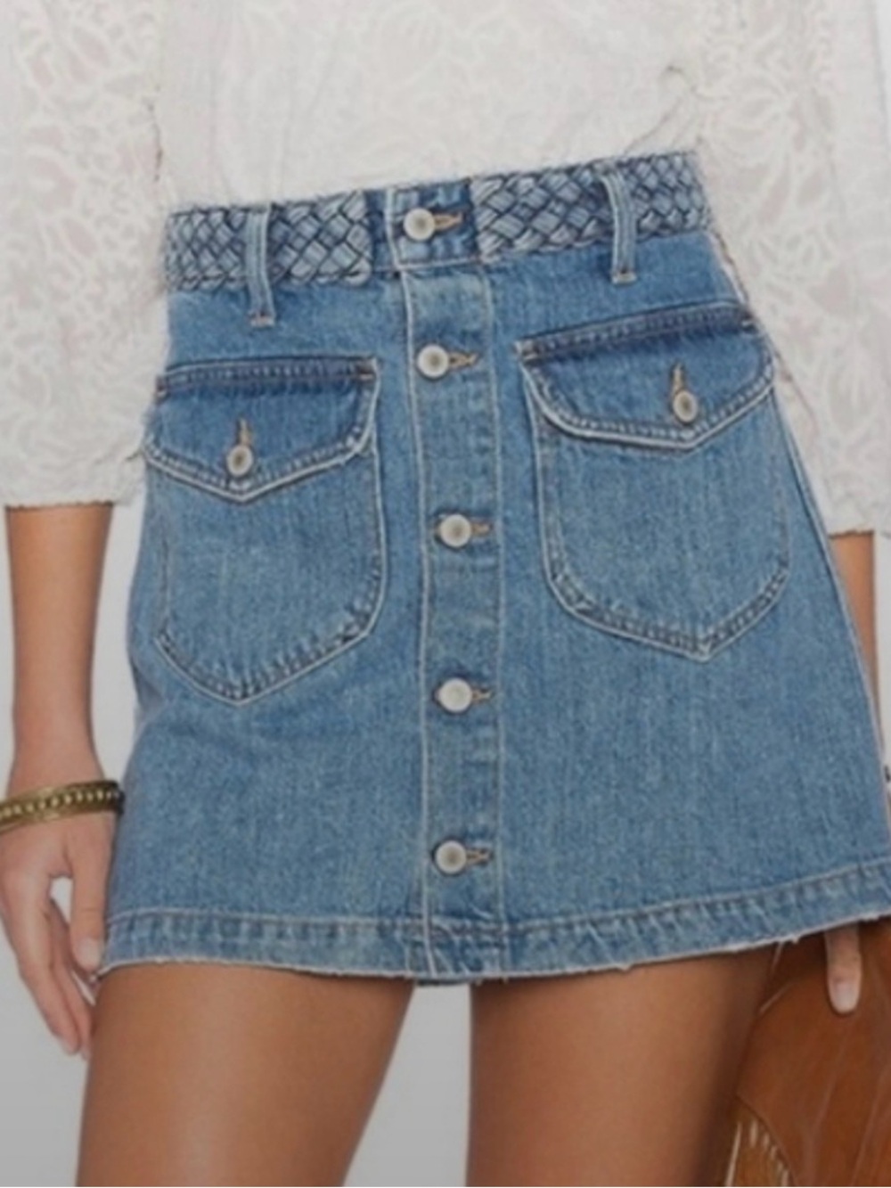 Tularosa Blue Button-Front Denim Mini Skirt 100% Cotton